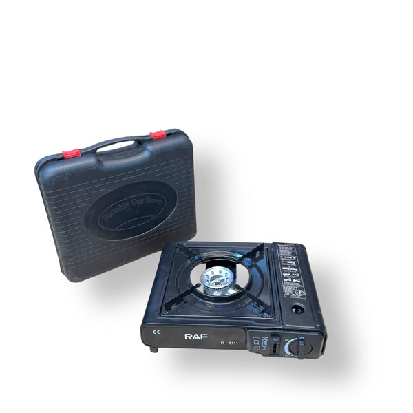 Black portable gas burner stove with carrying case and free bottle for outdoor cooking