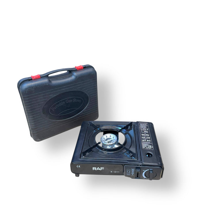 Black portable gas burner stove with carrying case and free bottle for outdoor cooking