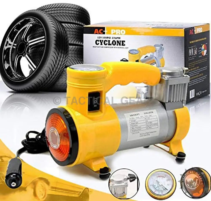 Yellow and silver 12V heavy duty compressor with built-in light and pressure gauge