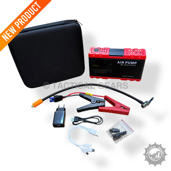 Portable jump starter and tire inflator with accessories for emergency car use