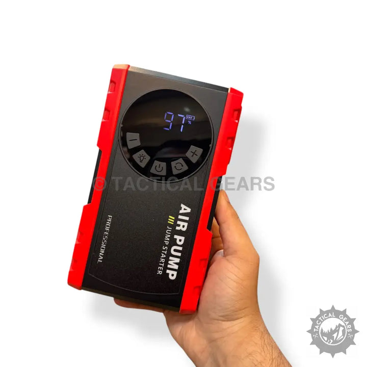 Red and black portable jump starter and tire inflator with digital display