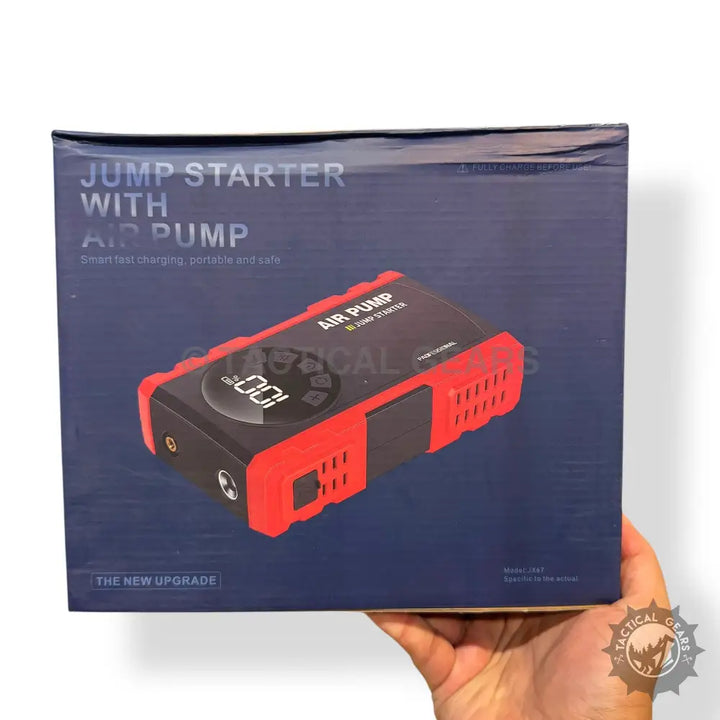 Portable jump starter and tire inflator with digital display in red and black design