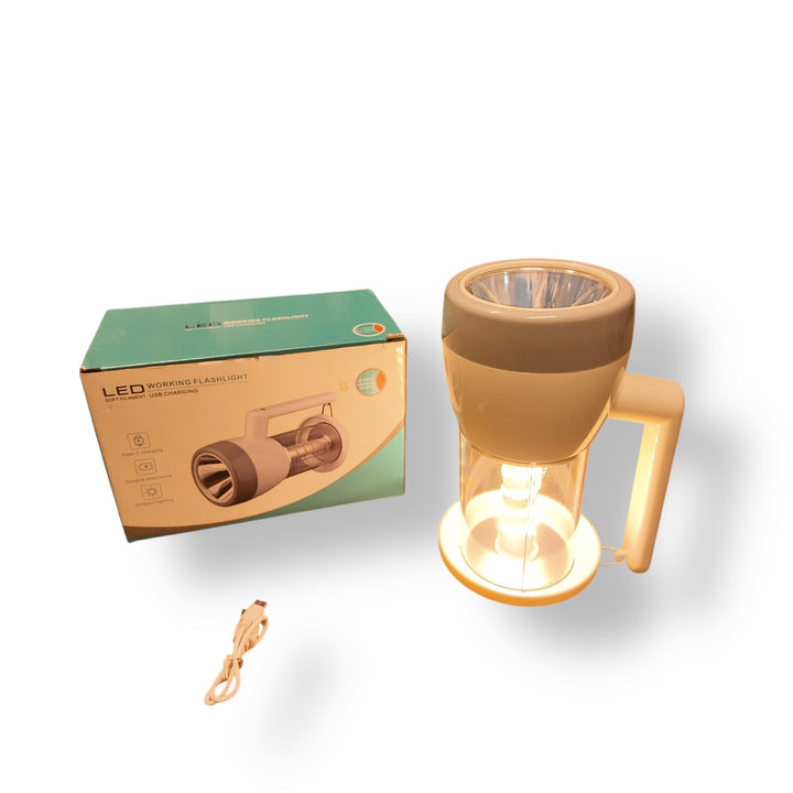 Portable LED Flashlight Lantern with foldable handle, warm lamp, and power bank feature