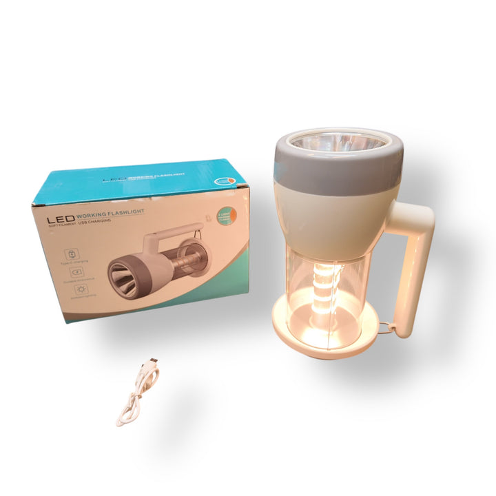 Portable LED Flashlight Lantern with white LED, warm lamp, and charging cable in box