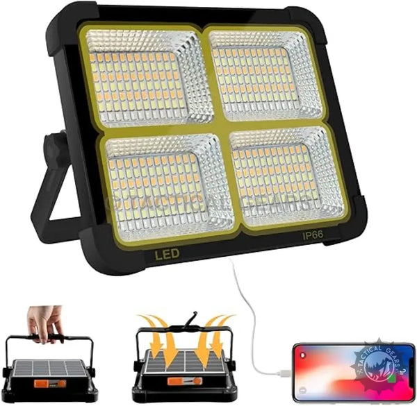 Portable LED Flood Solar Light in Orange with built-in power bank and solar light features