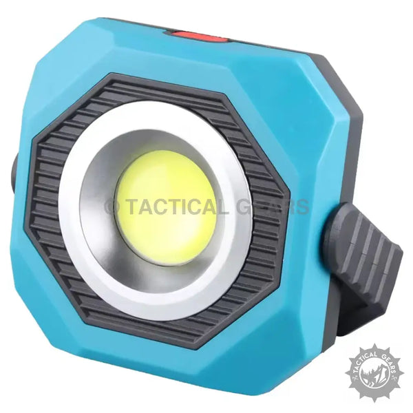 Bright blue hexagonal LED work light with rotating base, ideal portable LED lamp for work sites