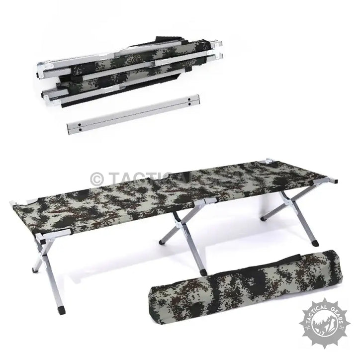 Portable outdoor folding camping cot with pixelated camouflage pattern for outdoor adventures