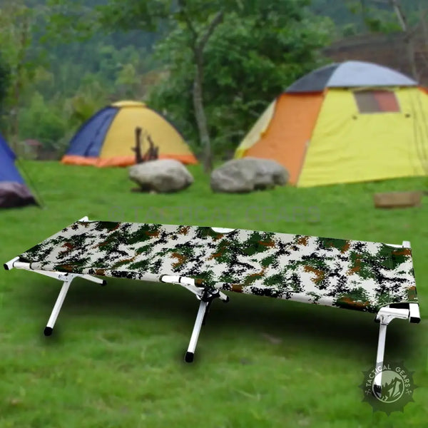 Camouflage-patterned portable outdoor folding camping cot for outdoor adventures