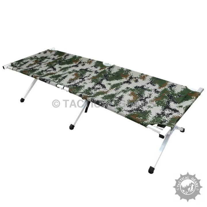 Portable outdoor folding bed with digital camouflage fabric for camping and outdoor use