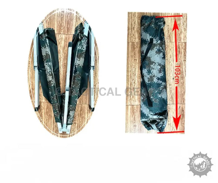 Portable outdoor folding camping cot in digital camouflage, 103cm when packed