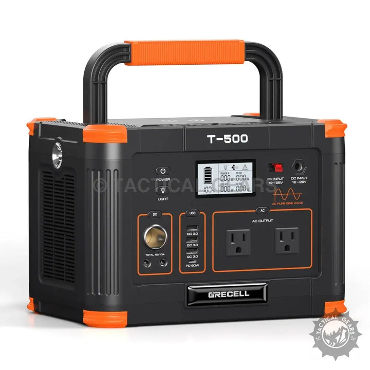 Portable Power Station Grecell T-500 with multiple output ports and carrying handle