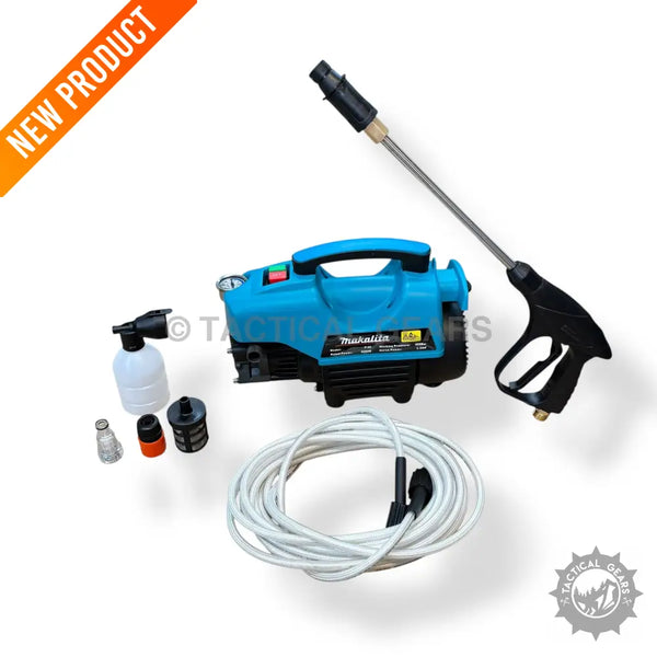Blue and black portable pressure washer with accessories for powerful electric pressure cleaning