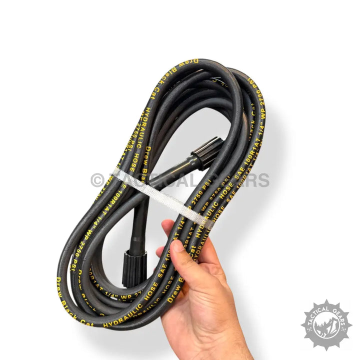 Black pressure washer hose with quick-connect fittings for powerful electric pressure washing