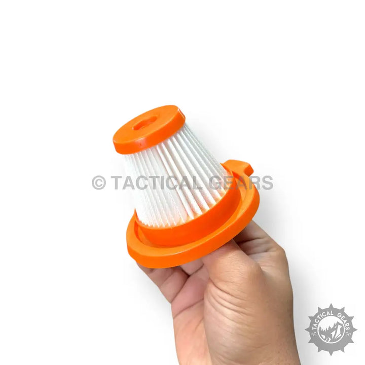 Orange and white pleated filter for Portable Rechargeable Car Vacuum Cleaner in hand