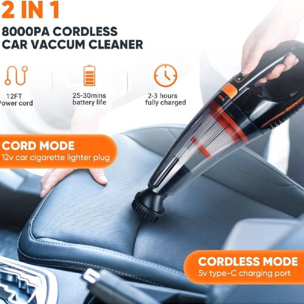 Black and orange Portable Rechargeable Car Vacuum Cleaner with 2-in-1 cordless modes