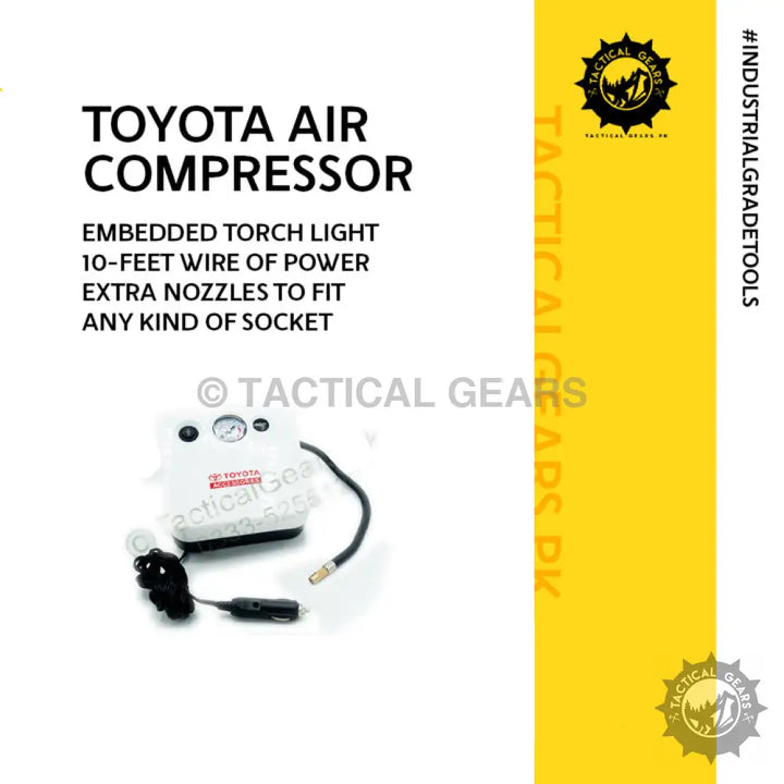 White Toyota Air Compressor with gauge power cord and air hose for efficient inflation