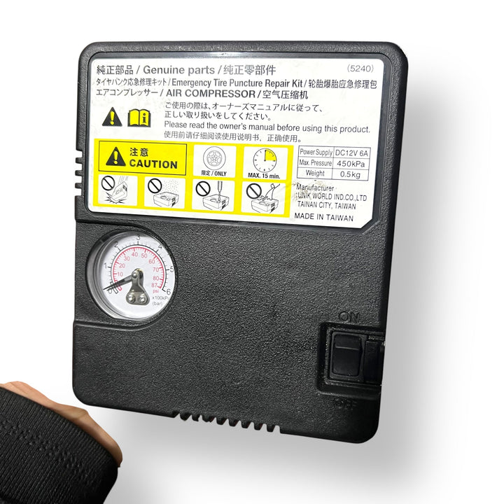 Black portable tyre inflator air compressor with pressure gauge for quick repair