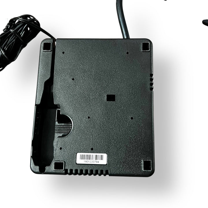Black portable tyre inflator air compressor with barcode label and wrapped power cord