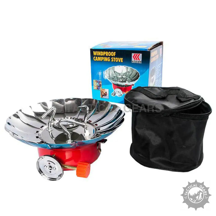 Red and silver windproof camping stove with black carrying bag, portable gas burner for camping