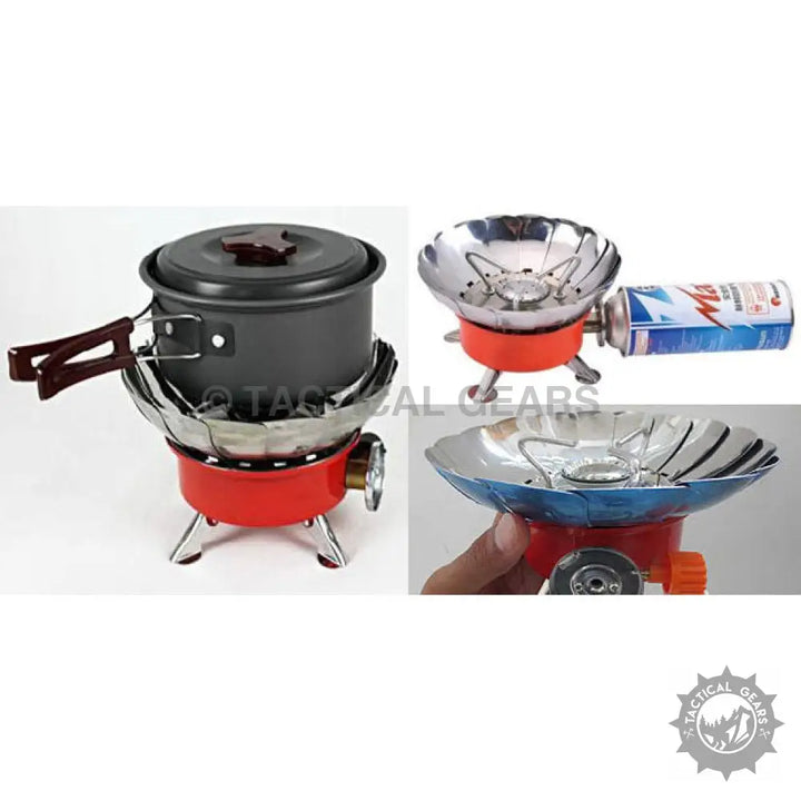 Portable windproof camping stove with gas burner and cooking pot for outdoor use