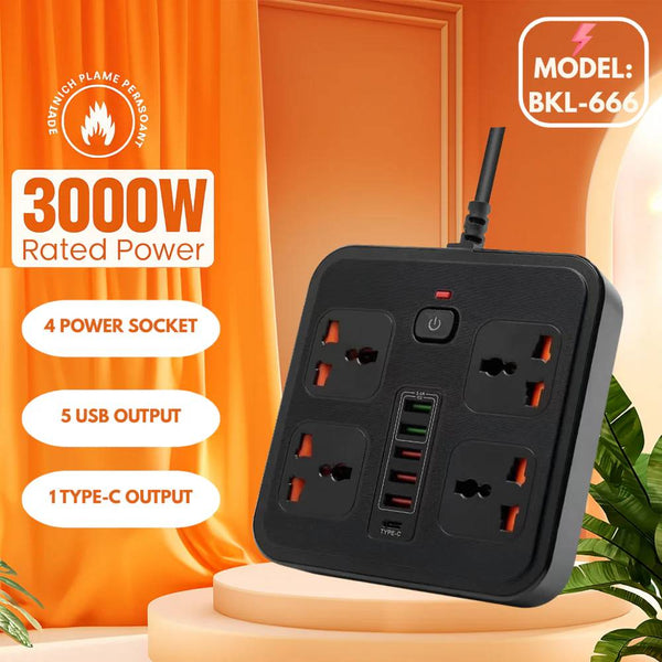 Dark gray power socket with 4 outlets and 5 USB ports for versatile charging