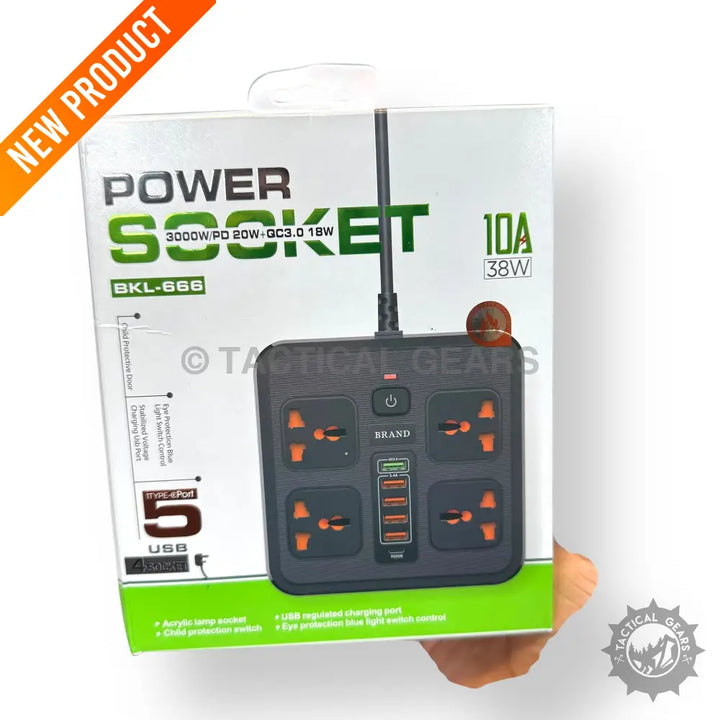 Dark gray power socket with 4 universal outlets and 5 USB ports including PD and QC3.0