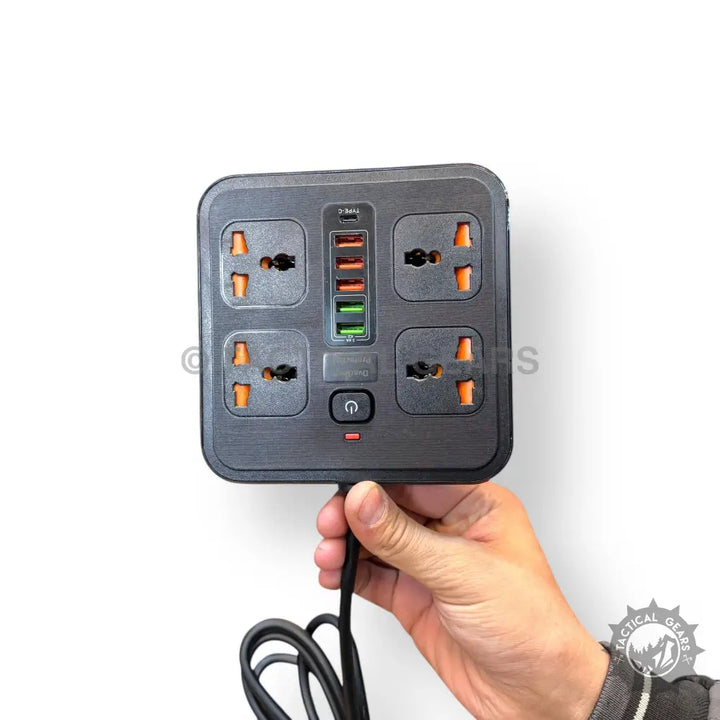 Dark gray power socket with multiple USB ports and four power sockets for versatile charging