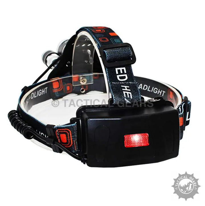 Black LED headlamp with adjustable strap and red rear safety light for powerful 4-mode illumination