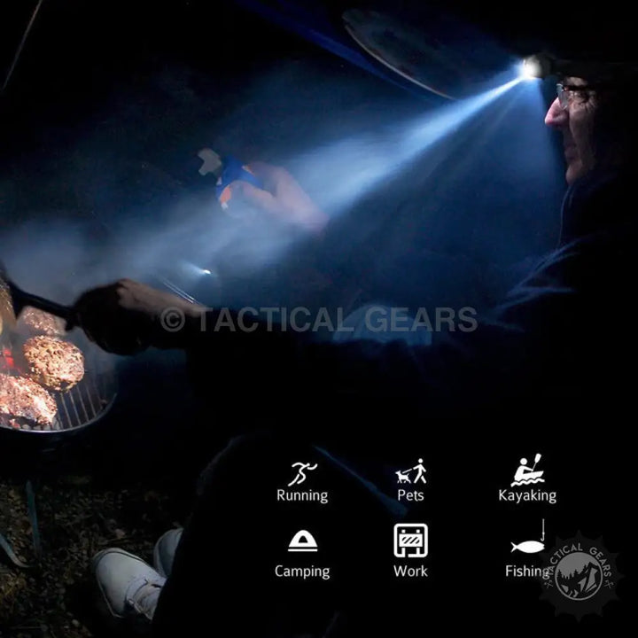 Powerful 4-Mode Headlamp with adjustable strap illuminating a grilling area at night