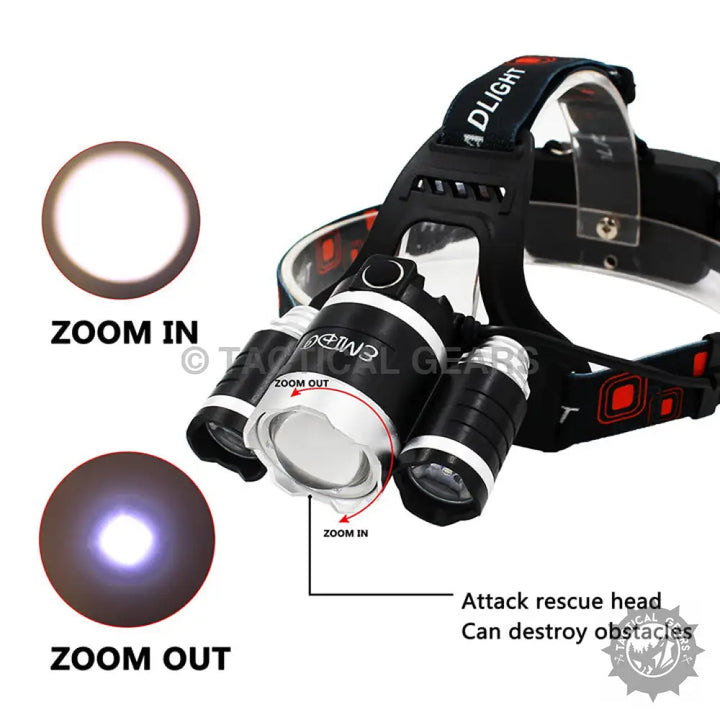 Powerful 4-Mode Headlamp with adjustable strap, central zoom light, and side lights for outdoor activities
