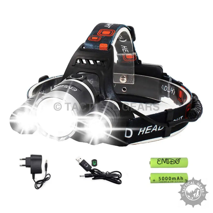Powerful 4-Mode Headlamp with adjustable strap, LED lights, charger, cable, and batteries