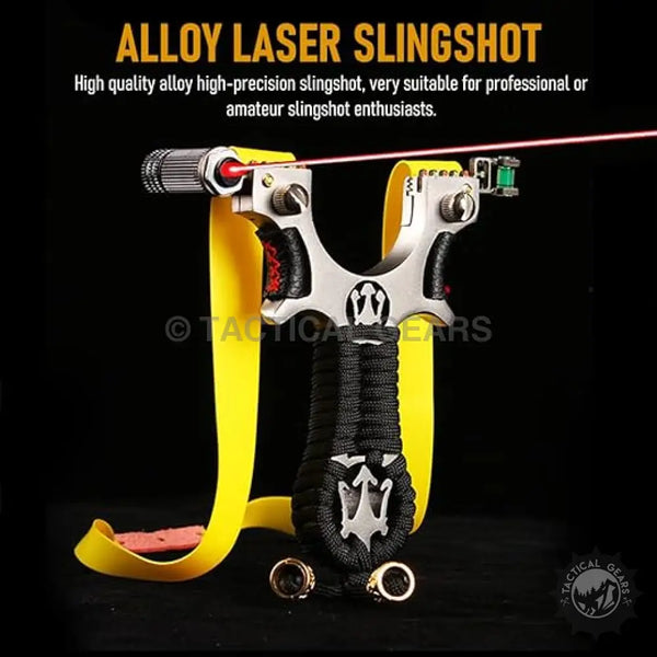 Alloy laser hunting slingshot with black paracord handle and yellow elastic bands