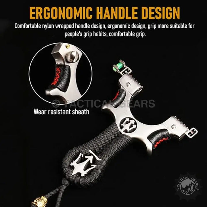 Metal laser hunting slingshot with black paracord handle and ergonomic grip design