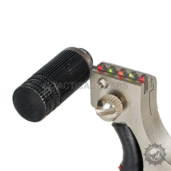 Black and silver laser hunting slingshot with fiber optic sights and ribbed grip