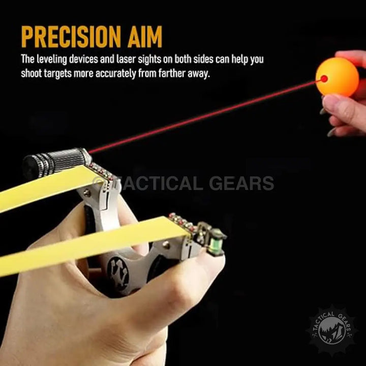 Metal laser hunting slingshot with yellow bands, laser sight, and leveling devices