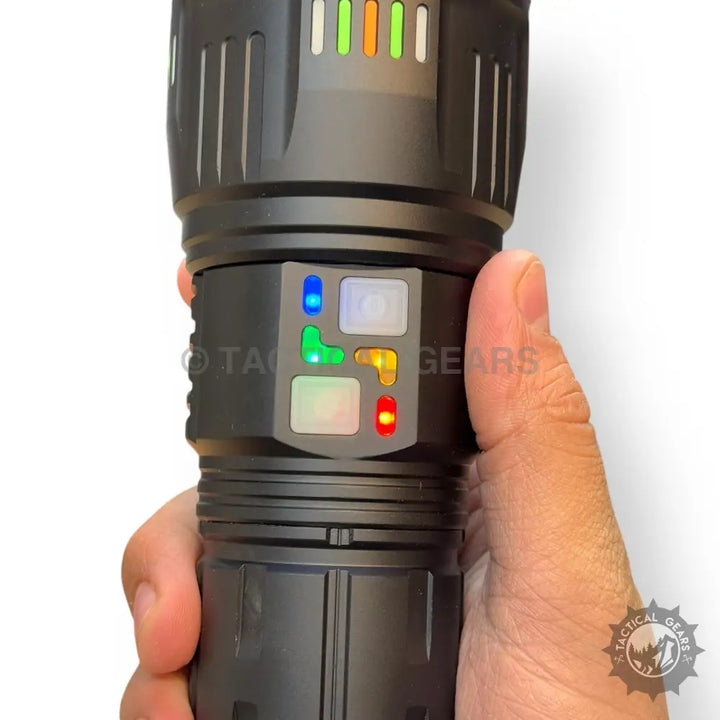 Black tactical flashlight with colored indicator lights and control buttons for 3km LED flashlights