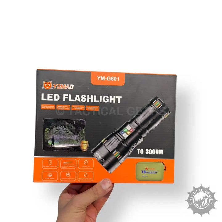 Black LED flashlight in retail packaging from Powerful Tactical 3km LED Flashlights collection