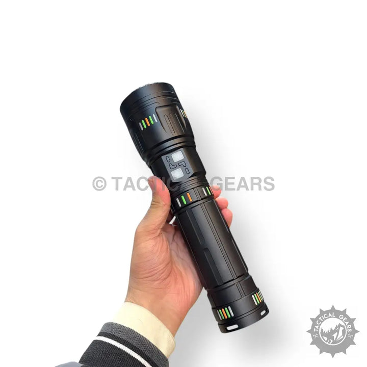 Black tactical flashlight with digital display and colorful indicators from Powerful Tactical 3km LED Flashlights