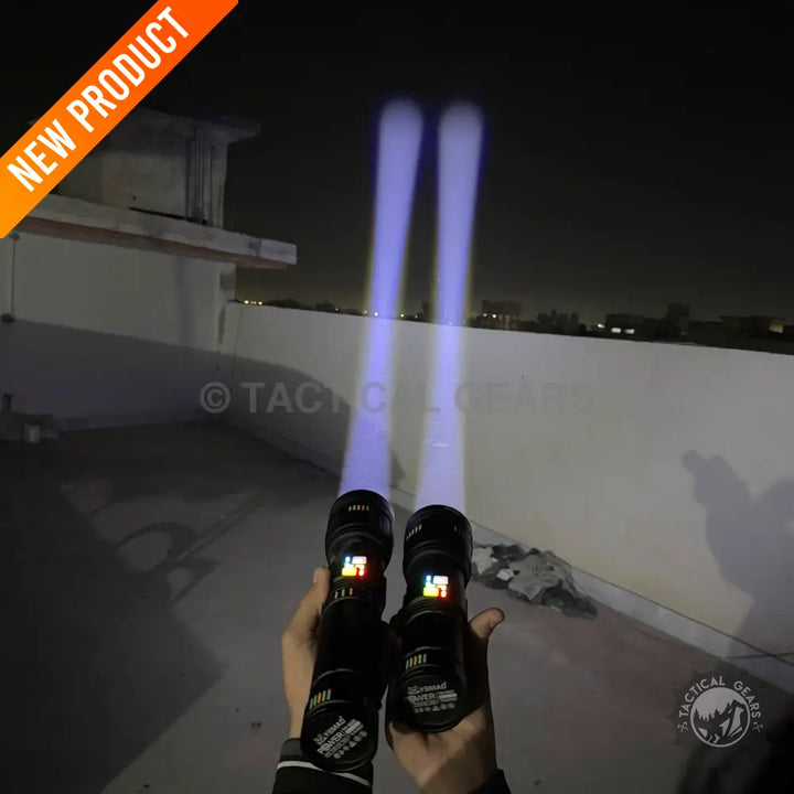 Two hands holding Powerful Tactical 3km LED Flashlights with purple beams illuminating the night sky