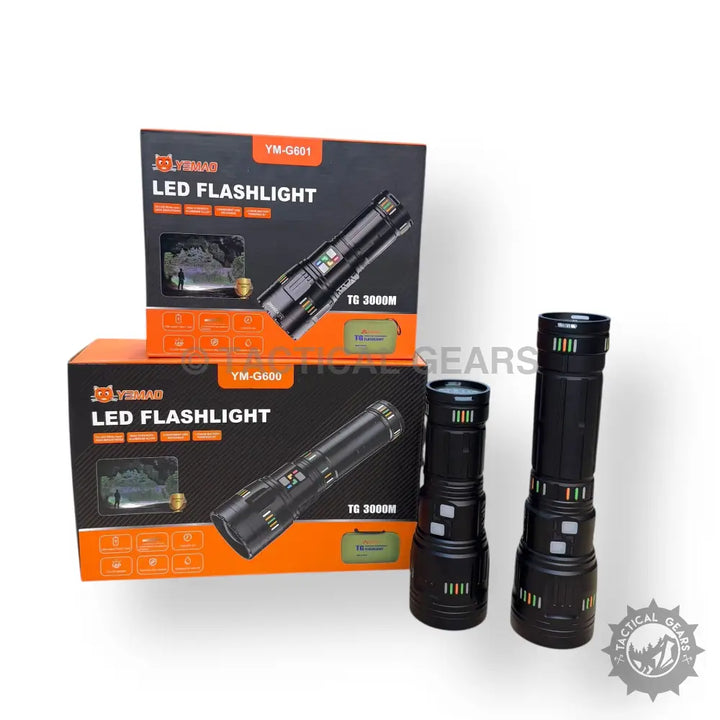 Two black 3km LED flashlights in packaging for Powerful Tactical 3km LED Flashlights