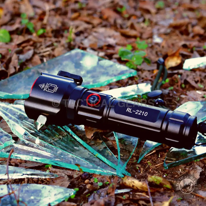 Powerful tactical torch with 1-km range, red emergency light, glass breaker, hours battery
