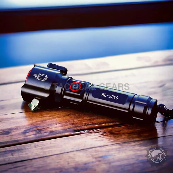 Black multi-functional survival flashlight with glass breaker and cutting tool for powerful tactical torch with 1-km range