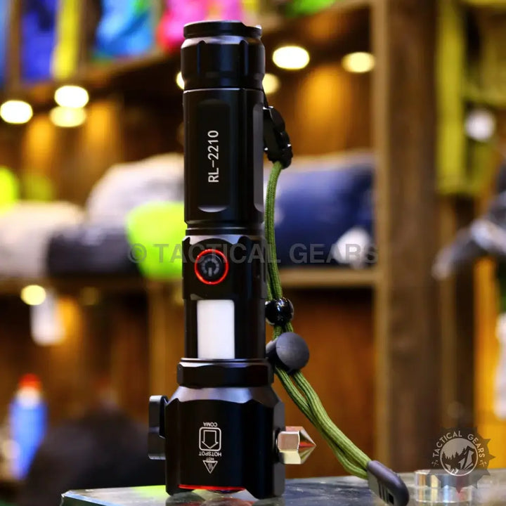Black multi-functional tactical flashlight with window breaker, green lanyard, powerful tactical torch, 1-km range