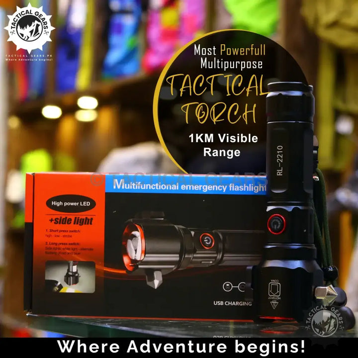 Powerful Tactical Torch with 1KM Range, high power LED, side light, USB charging, hours battery life