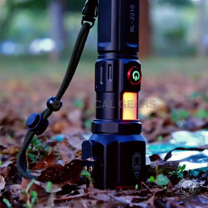 Black tactical flashlight with lanyard and power indicator for powerful tactical torch with 1-km range