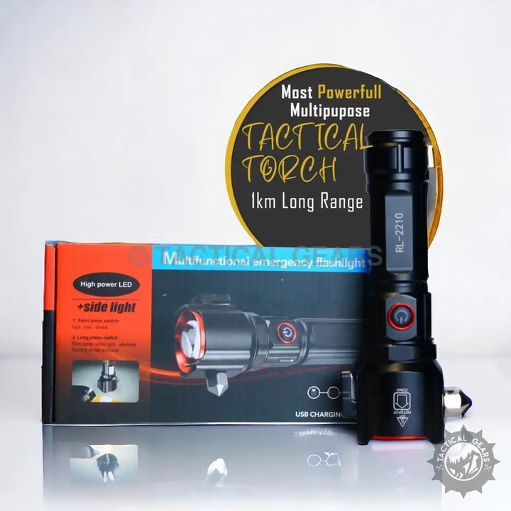 Black powerful tactical torch with 1-km visible range, side light, USB charging, hours battery time