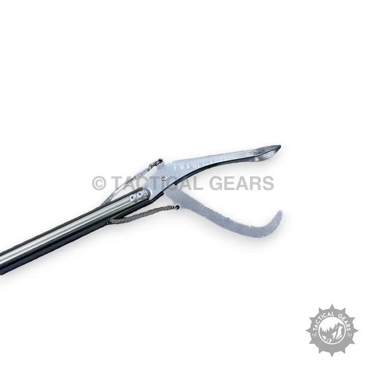 Silver-colored metal gaff hook with spring mechanism on Professional Snake Catcher Stick for professional snake catchers