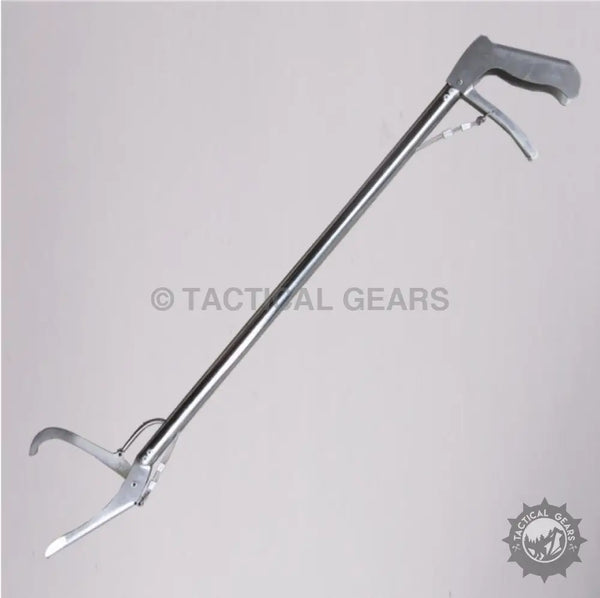 Silver-colored grabber tool with black pistol grip handle for professional snake catcher stick