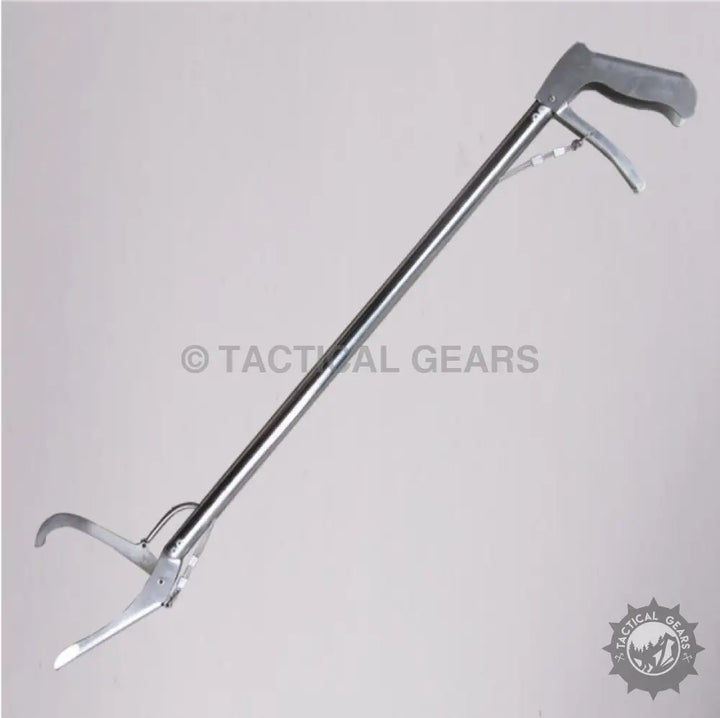 Silver-colored grabber tool with black pistol grip handle for professional snake catcher stick