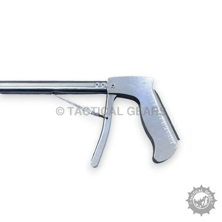 Silver-colored metal grabber tool with pistol-grip handle for professional snake catcher stick
